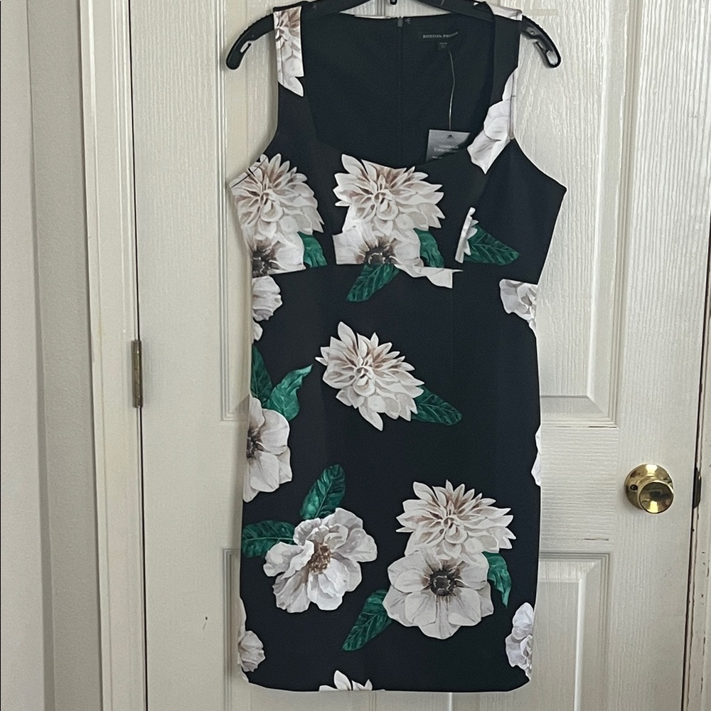 Boston Proper Black Floral Midi Sheath Dress